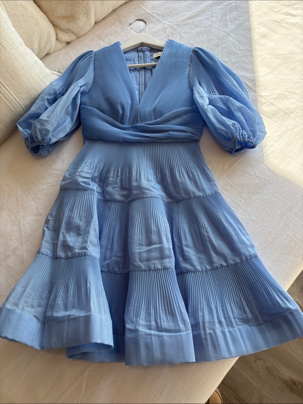 Zimmermann Blue Pleated V-Neck Puff Sleeve Dress New